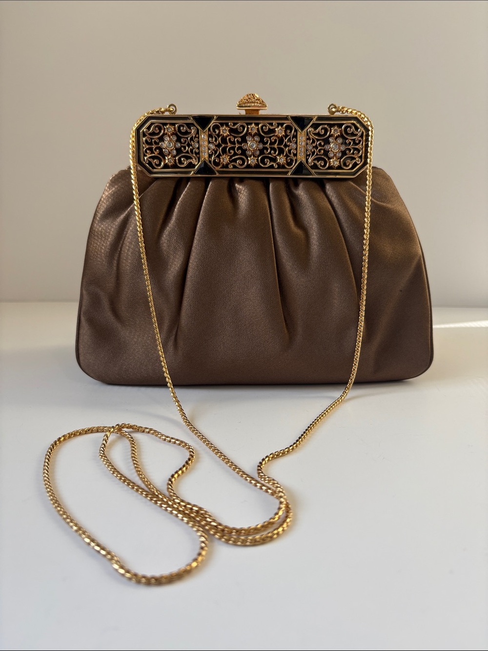 Judith Leiber Bronze Evening Clutch with Gold Filigree Frame